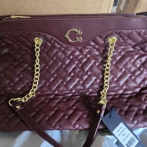 NWT Retails $108 Chic Burgundy Quilted Handbag with Gold Accents